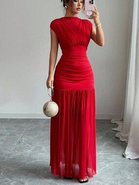 Red Elegant Women's Sleeveless Hollow-Out Mesh Pleated A-Line Party Maxi Dress